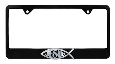 Christian Fish Cross Black Metal License Plate Frame
