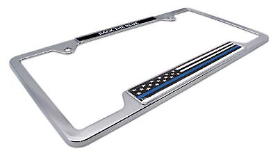 Police Thin Blue Line Flag "Back the Blue" Open Chrome Metal License Plate Frame