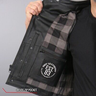 Hot Leathers VSM1059 Men's Black Flannel Grey Motorcycle Club Leather Biker Vest