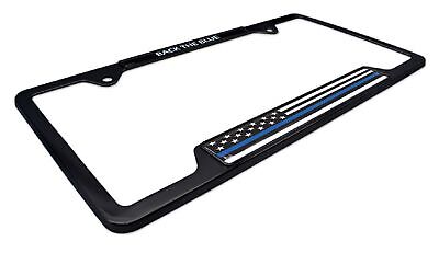 Police Thin Blue Line Flag "Back the Blue" Open Black Metal License Plate Frame