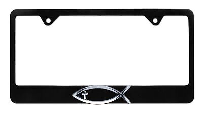 Christian Fish Cross Black Metal License Plate Frame