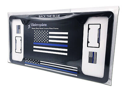 Police Thin Blue Line Flag "Back the Blue" Open Black Metal License Plate Frame