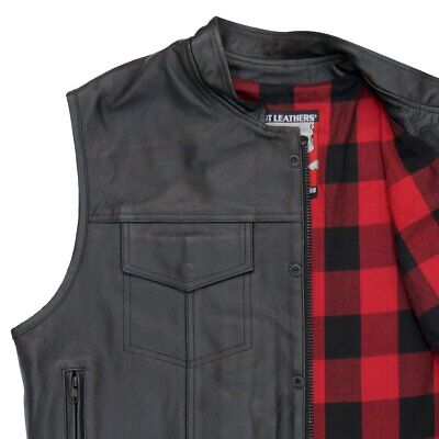 Hot Leathers VSM1060 Men's Black Flannel Red Motorcycle Club Leather Biker Vest