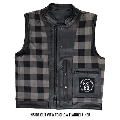 Hot Leathers VSM1059 Men's Black Flannel Grey Motorcycle Club Leather Biker Vest