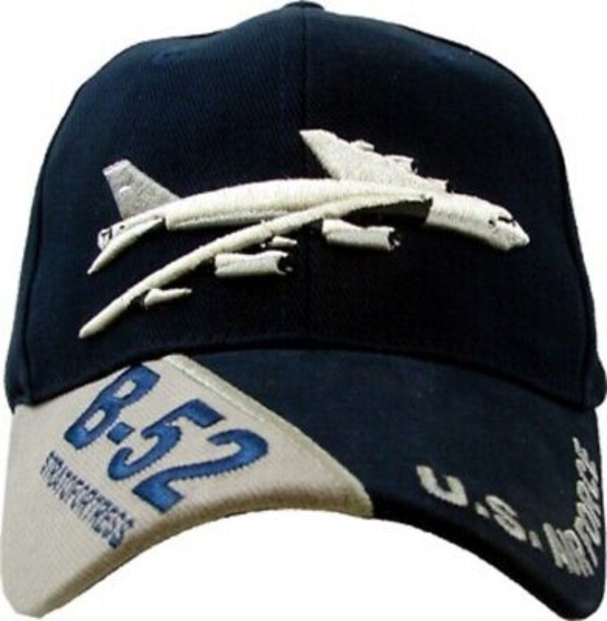 A baseball cap with a B-52 Stratofortress aircraft embroidered on the front and 'U.S.