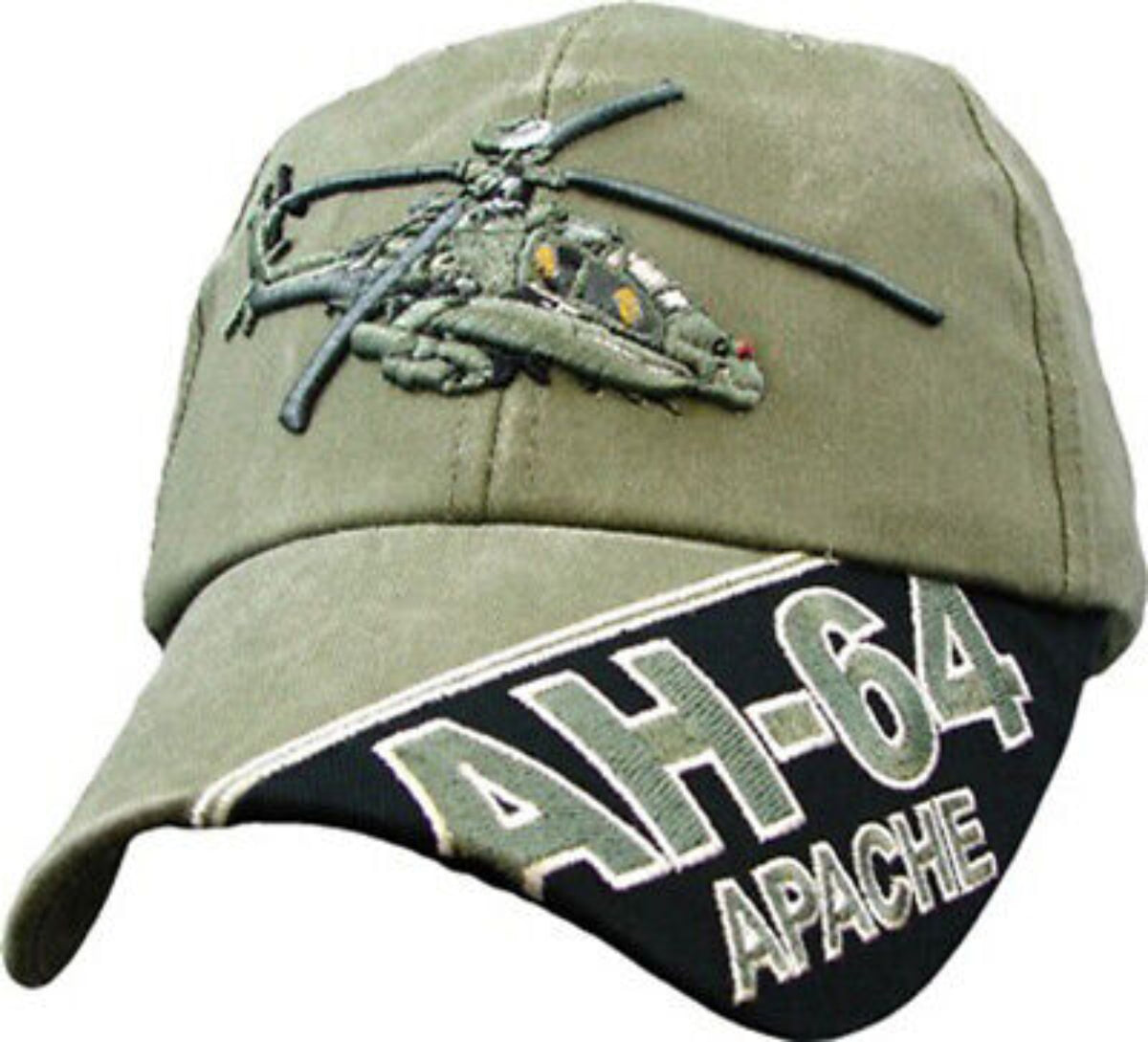 A washed OD green baseball cap with an embroidery of an AH-64 Apache helicopter on the front.