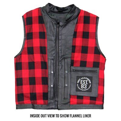 Hot Leathers VSM1060 Men's Black Flannel Red Motorcycle Club Leather Biker Vest