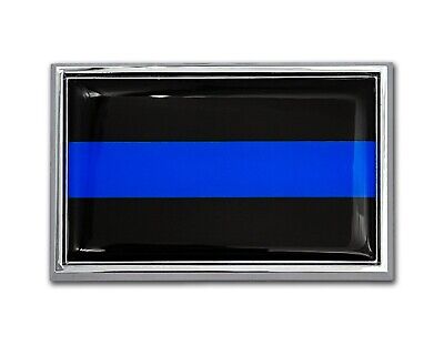 Police Thin Blue Line Flag 3.82" x 2.5" x .15" Chrome Metal Car Auto Emblem