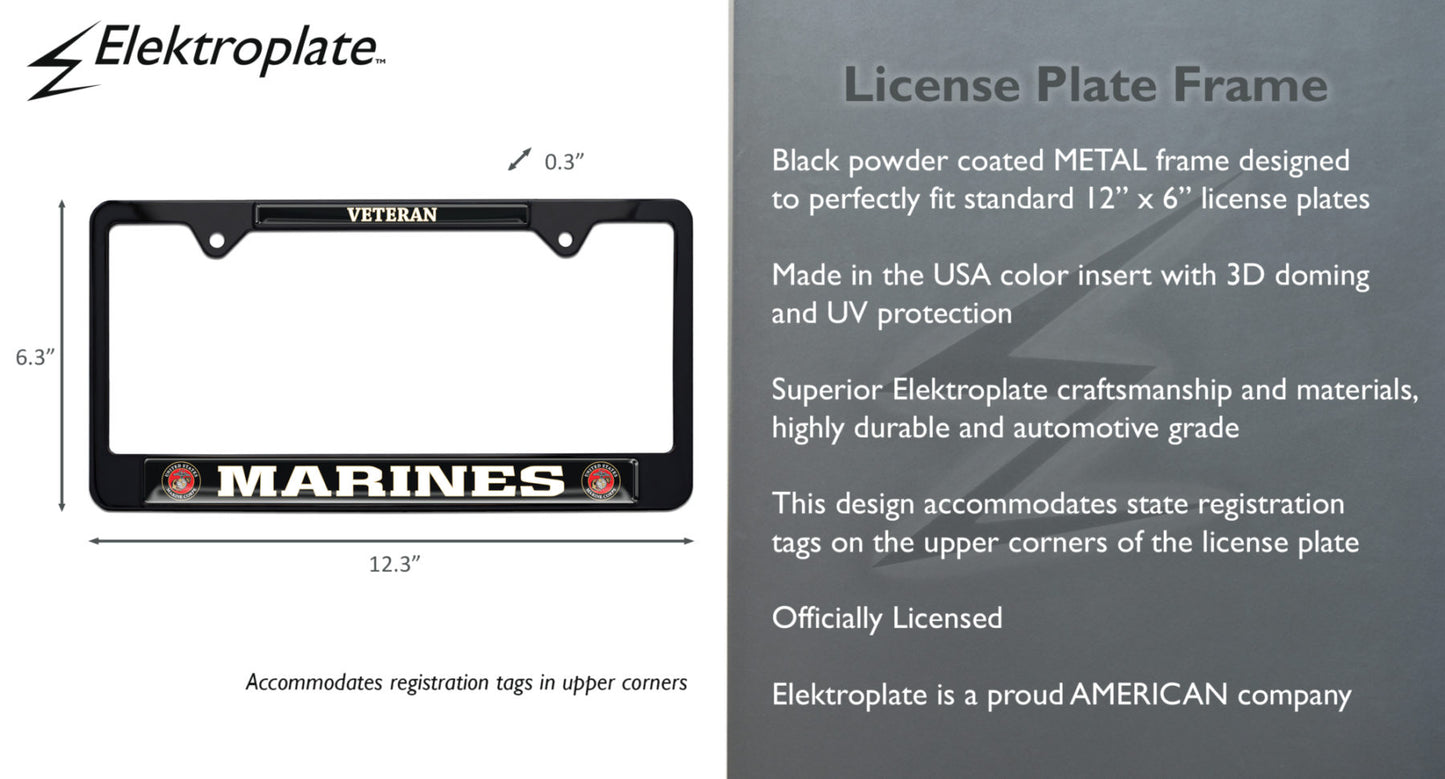 Officially Licensed USMC Veteran U.S. Marines Black Metal License Plate Frame