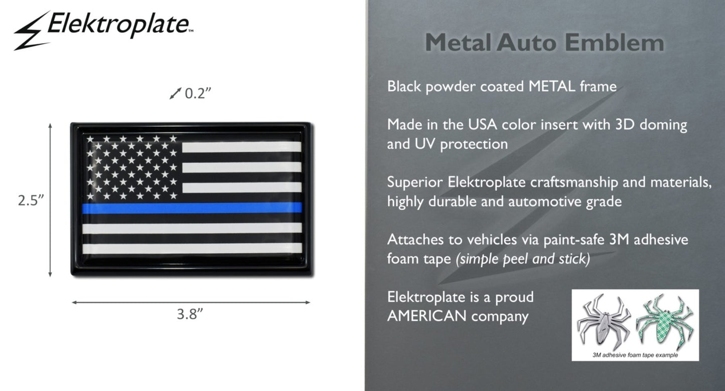 Police Thin Blue Line Flag Black Frame All Metal Auto Emblem