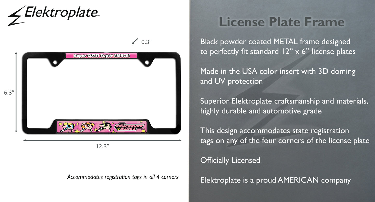 Powerpuff Girls Cute and Fierce Black Metal Open License Plate Frame