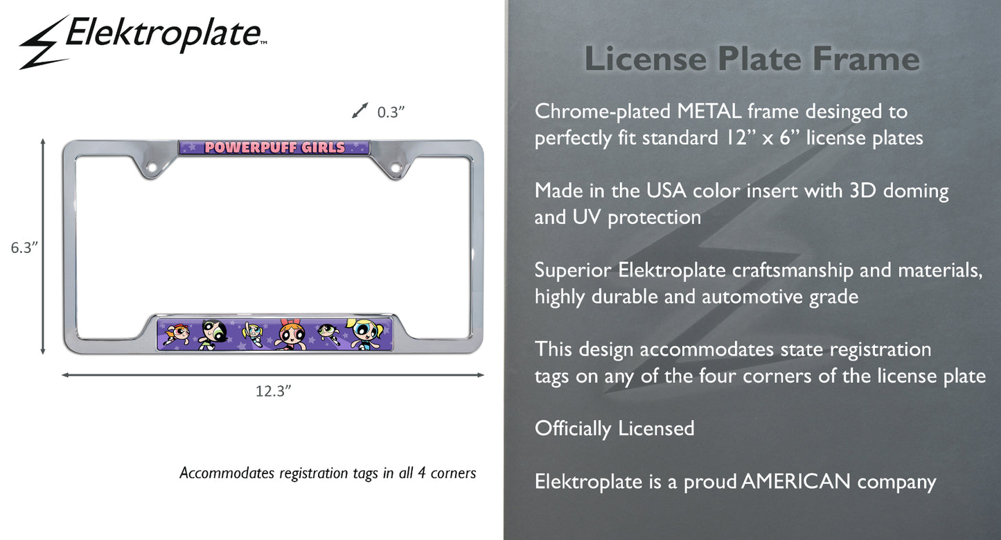 Powerpuff Girls Purple Graphics Open Corners Chrome License Plate Frame