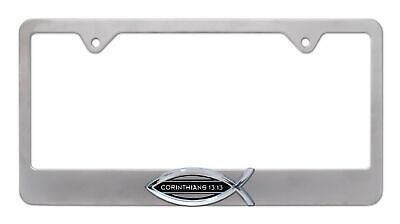 Christian Fish Corinthians 13:13 Brushed Metal License Plate Frame