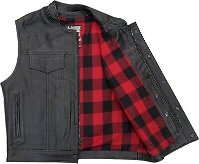 Hot Leathers VSM1060 Men's Black Flannel Red Motorcycle Club Leather Biker Vest