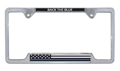 Police Thin Blue Line Flag "Back the Blue" Open Chrome Metal License Plate Frame