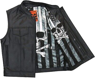 Hot Leathers VSM1054 Men’s Black Skull Flag Motorcycle Club Leather Biker Vest