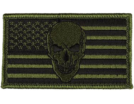 American Flag With Skull 2" x 3.5" Hook & Loop 2 Piece OD Green Patch