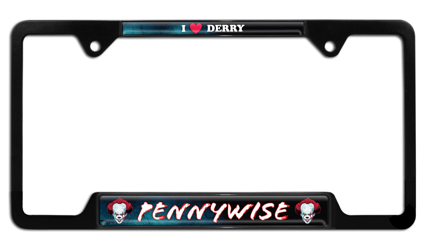 Pennywise I Love Derry Open Black Metal License Plate Frame