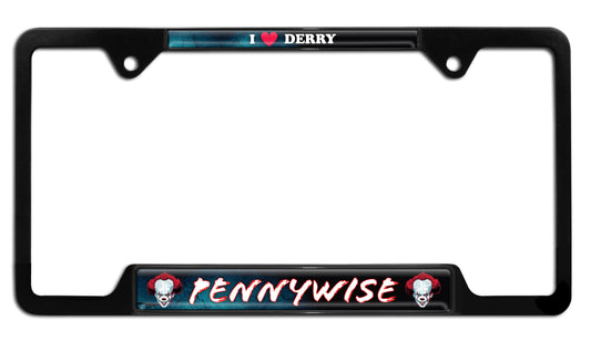 Pennywise I Love Derry Open Black Metal License Plate Frame