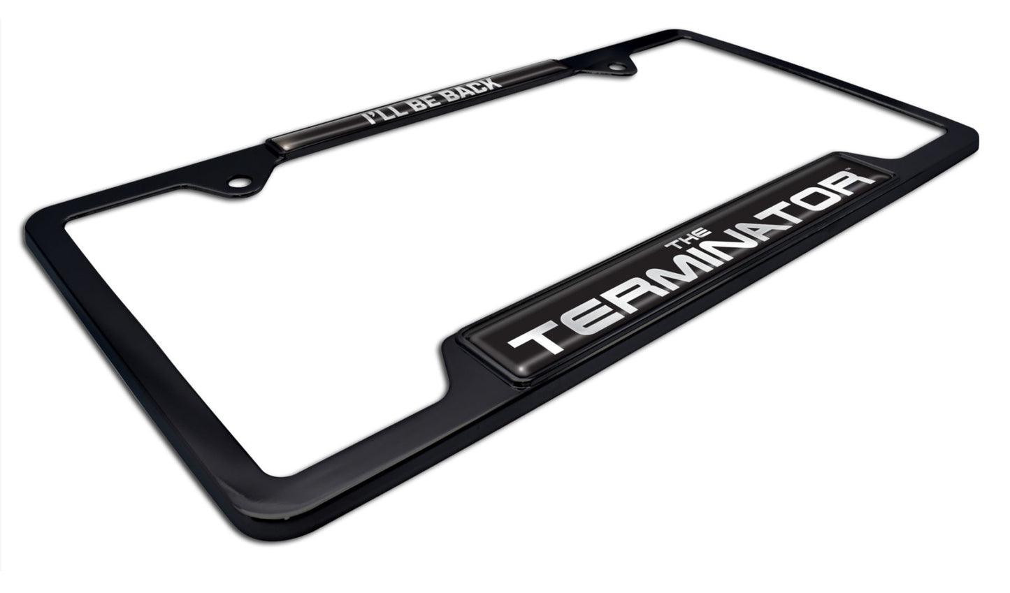 Terminator I'll Be Back Shiny Black Metal Open License Plate Frame